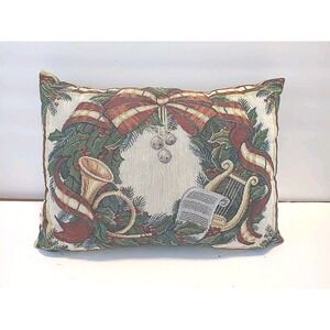 Christmas Tapestry Throw Pillow Square 15"x10"‎ Musical Wreath Holiday Decor